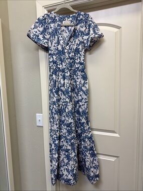 Anthropologie Blue Floral V-Neck Maxi Dress